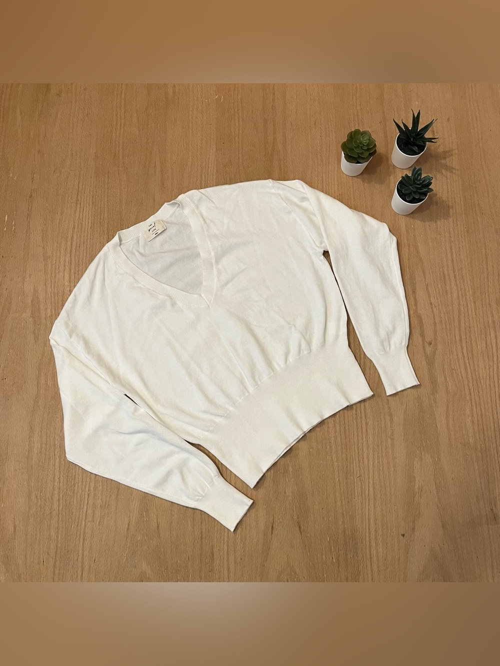 The Social Line Cropped Fitted-Waist Long Sleeve V-Neck White Sweater
